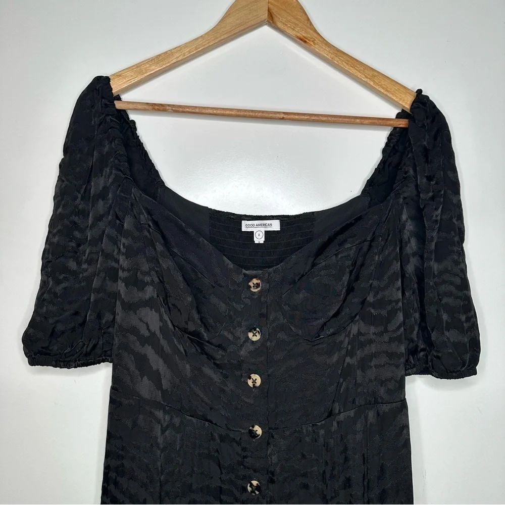 Good American Black Animal Print Button Front Puff Sleeve Corset Maxi Dress M